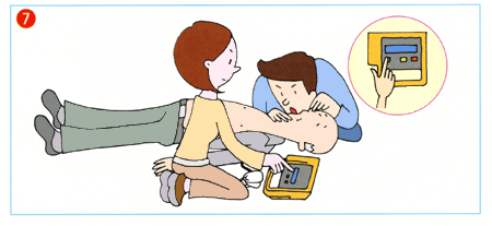 イラスト:(7)AEDが到着すれば、すぐに電源を入れます