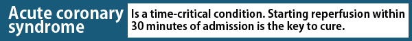Acute coronary syndrome: Is a time-critical condition. Starting reperfusion within 30 minutes of admission is the key to cure.