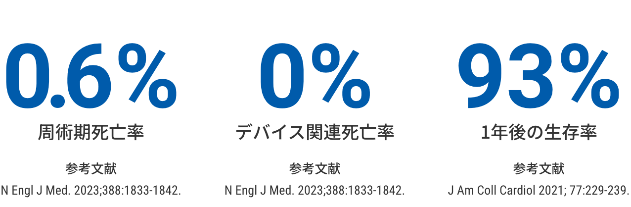 周術期死亡率0.6％、デバイス関連死亡率0％、1年後の生存率93％