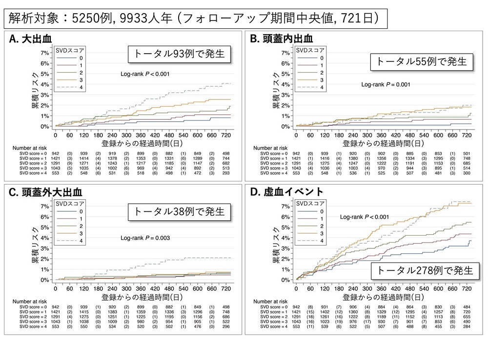 図：トータルSVDスコア(脳小血管病の重症度)とイベントリスク(カプラン・マイヤー法)