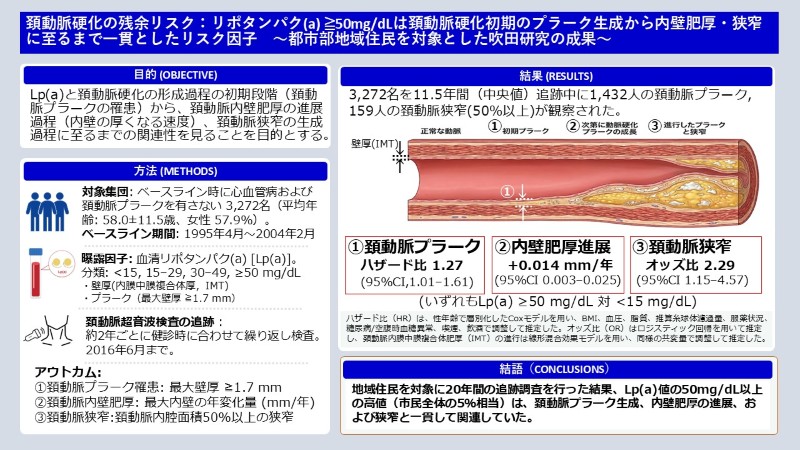 リポ蛋白(a)が動脈硬化の全過程に関与 50mg/dL以上でリスク上昇― 都市部地域住民を対象とした「吹田研究」の成果 ―